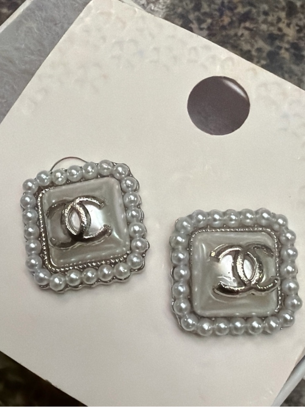 White Pearl-Edged CC Square stud Earrings